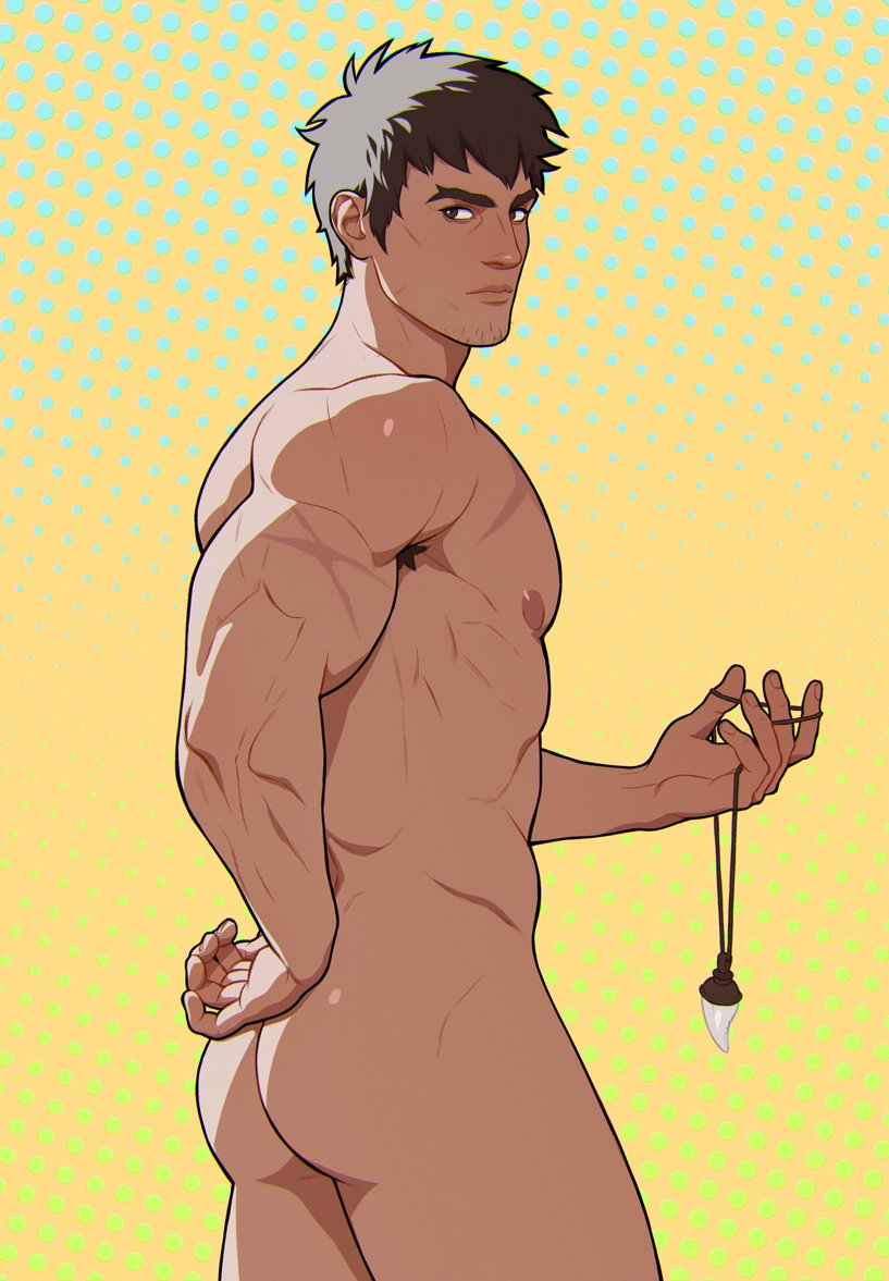 1boy armpit_hair ass bara black_hair dota:_dragon&#039;s_blood dota_(series) dota_2 dragon_knight_(dota) facial_hair fox_bravo holding holding_jewelry holding_necklace jewelry large_pectorals male_focus muscular muscular_male necklace nipples pectorals scar scar_on_arm scar_on_chest short_hair simple_background solo stubble thick_thighs thighs tooth_necklace