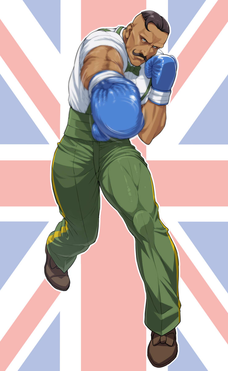 1boy black_hair boxing boxing_gloves dark_skin dark-skinned_male dudley facial_hair highres male_focus muscular mustache nigou short_hair solo street_fighter street_fighter_iii_(series) union_jack