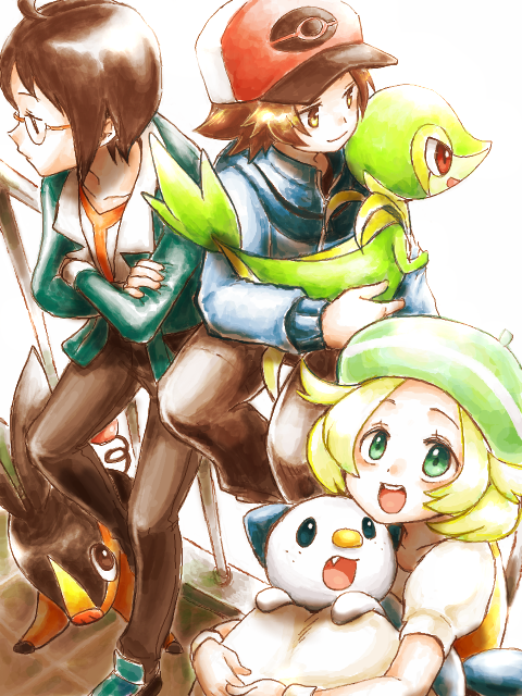 10s 1girl 2boys ahoge baseball_cap bianca_(pokemon) black_hair blonde_hair brown_hair cheren_(pokemon) gen_5_pokemon green_eyes hat hilbert_(pokemon) hug mariemon multiple_boys nintendo open_mouth oshawott pokemon pokemon_(creature) pokemon_bw snivy starter_pokemon_trio tegaki tepig