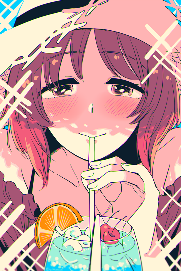 1girl blurry blurry_foreground blush brown_eyes brown_hair brown_shirt cherry closed_mouth commentary cup diffraction_spikes drink drinking_glass drinking_straw female_focus female_pov food fruit girls_und_panzer half-closed_eyes hat holding holding_drinking_straw ice looking_at_viewer nishizumi_miho off-shoulder_shirt off_shoulder orange_(fruit) orange_slice portrait pov shared_drink shirt short_hair smile solo straw_hat sun_hat white_hat yukataro yuri