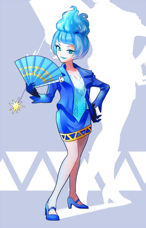1girl animification black_gloves blue_fire blue_hair blue_lips closed_mouth disneyland fiery_hair fire formal_clothes full_body gloves lipstick long_sleeves looking_at_viewer makeup ms._hades short_hair simple_background solo tsuntsun_(tuuuuuuntun)