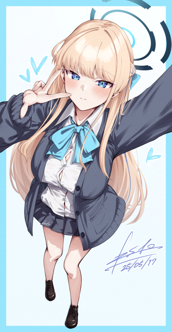 1girl black_cardigan black_skirt blonde_hair blue_archive blue_eyes blush bow brown_shoes cardigan closed_mouth esto_0079 expressionless hair_bow long_hair official_alternate_costume official_alternate_hairstyle shirt shoes sidelocks skirt solo toki_(blue_archive) toki_(school_uniform)_(blue_archive) v white_shirt