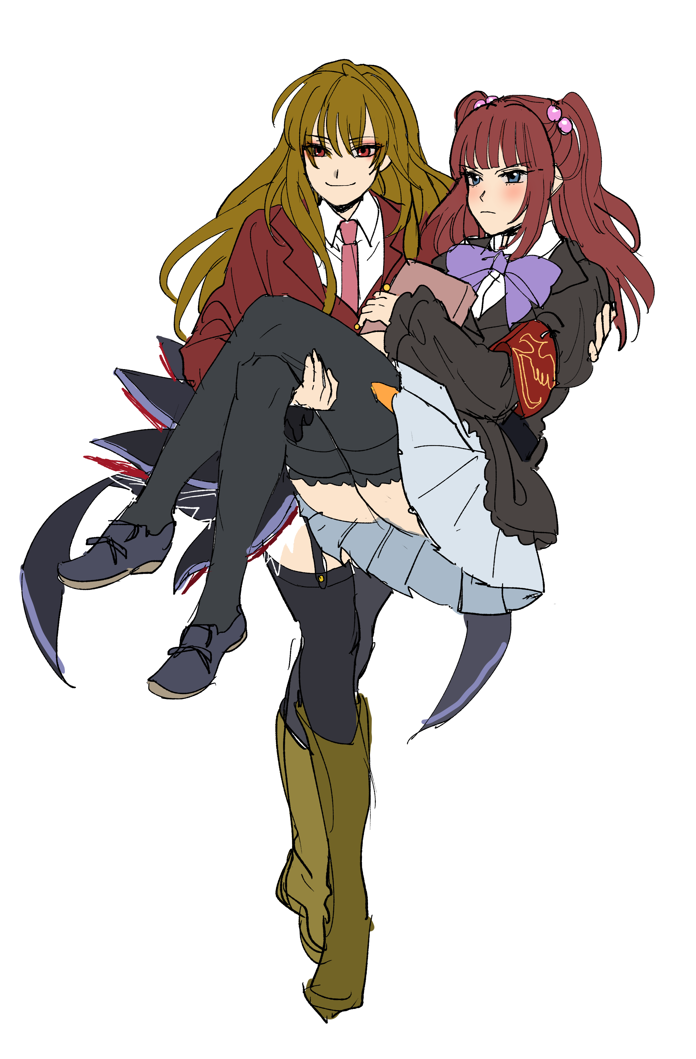 2girls absurdres armband bad_id bad_pixiv_id black_jacket black_legwear blonde_hair blue_eyes blush book boots bow brown_footwear brown_hair carrying crossed_legs garter_straps grey_skirt hair_bobbles hair_ornament highres jacket kuya_(hey36253625) mammon_(umineko) multiple_girls pink_neckwear princess_carry purple_bow red_eyes red_hair red_jacket sketch skirt thighhighs thighs umineko_no_naku_koro_ni ushiromiya_ange white_background