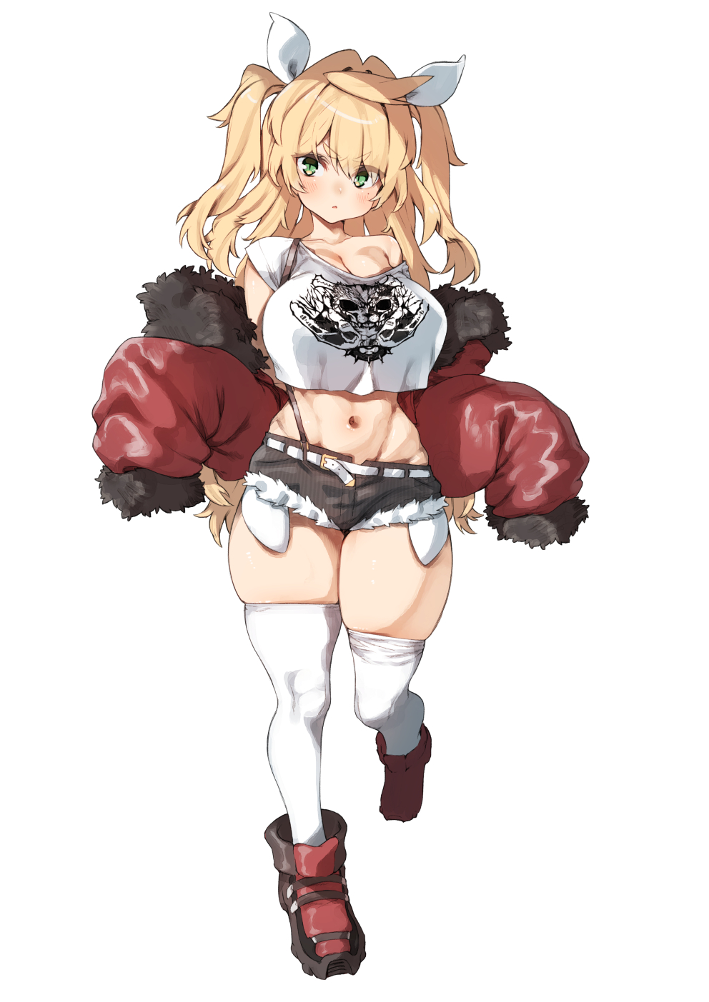 1girl belt blonde_hair blush boots breasts brown_boots brown_shorts childhood_friend_(kz_oji) crop_top curvy cutoffs full_body green_eyes hair_ribbon highres kz_oji large_breasts long_hair looking_at_viewer micro_shorts mole mole_under_eye navel original ribbon shirt short_sleeves shorts simple_background single_bare_shoulder sleeves_past_fingers sleeves_past_wrists solo standing standing_on_one_leg thick_thighs thighhighs thighs white_background white_belt white_ribbon white_shirt white_thighhighs