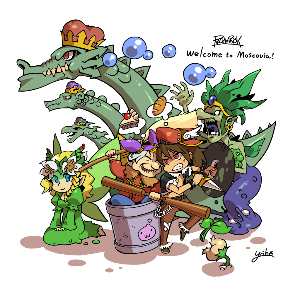 1boy 3girls alternate_color baba_yaga_(ragnarok_online) belt black_belt black_shirt blonde_hair blue_crown blue_eyes bracelet bread broom brown_hair brown_pants bucket cake cake_slice closed_mouth commentary_request crown dagger dragon dress english_text flower food full_body gopinch green_dress green_hair head_wreath holding holding_broom holding_dagger holding_knife holding_weapon in_bucket in_container jewelry knife looking_at_another looking_to_the_side mavka multiple_girls multiple_heads old old_woman open_mouth pants pointy_ears poring purple_crown ragnarok_online red_crown red_eyes rogue_(ragnarok_online) shirt simple_background smile spiked_bracelet spikes uzhas_(ragnarok_online) weapon white_background white_flower yohe