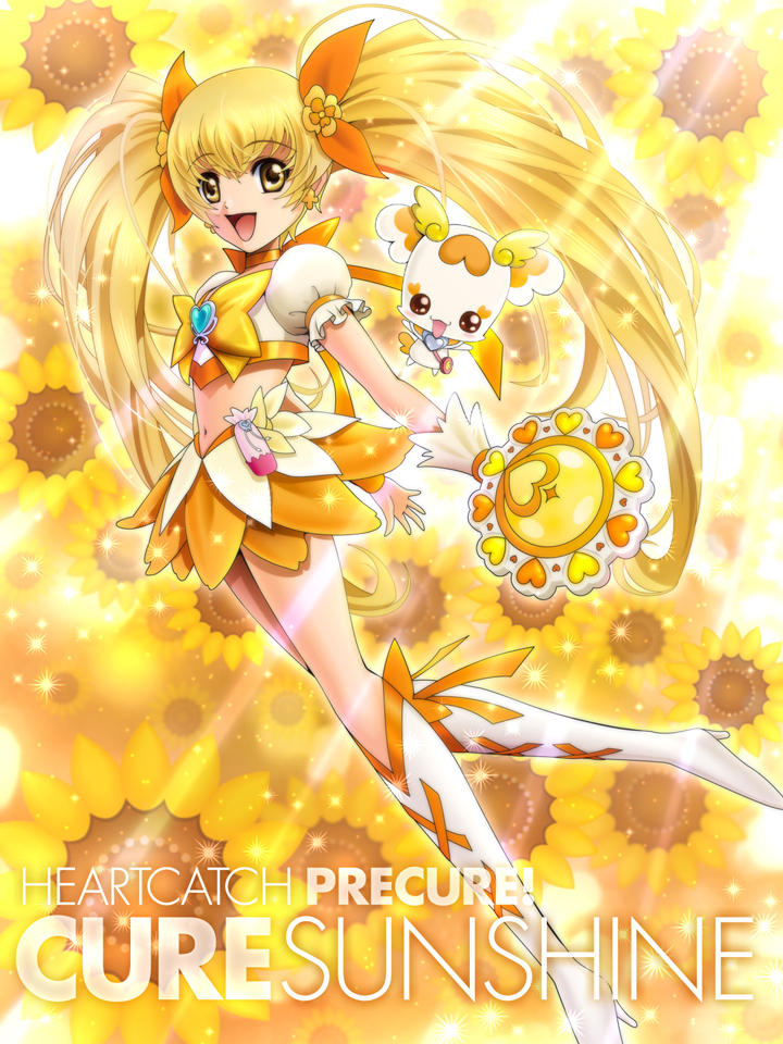 10s 1girl blonde_hair boots bow brooch character_name copyright_name cure_sunshine dress earrings flower hair_ribbon heart heart_brooch heartcatch_precure! instrument jewelry knee_boots light_rays long_hair magical_girl midriff myoudouin_itsuki orange_bow potpourri_(heartcatch_precure!) precure ribbon sekken_kasu_barrier sunbeam sunlight tambourine twintails want yellow_background yellow_bow yellow_eyes yellow_theme