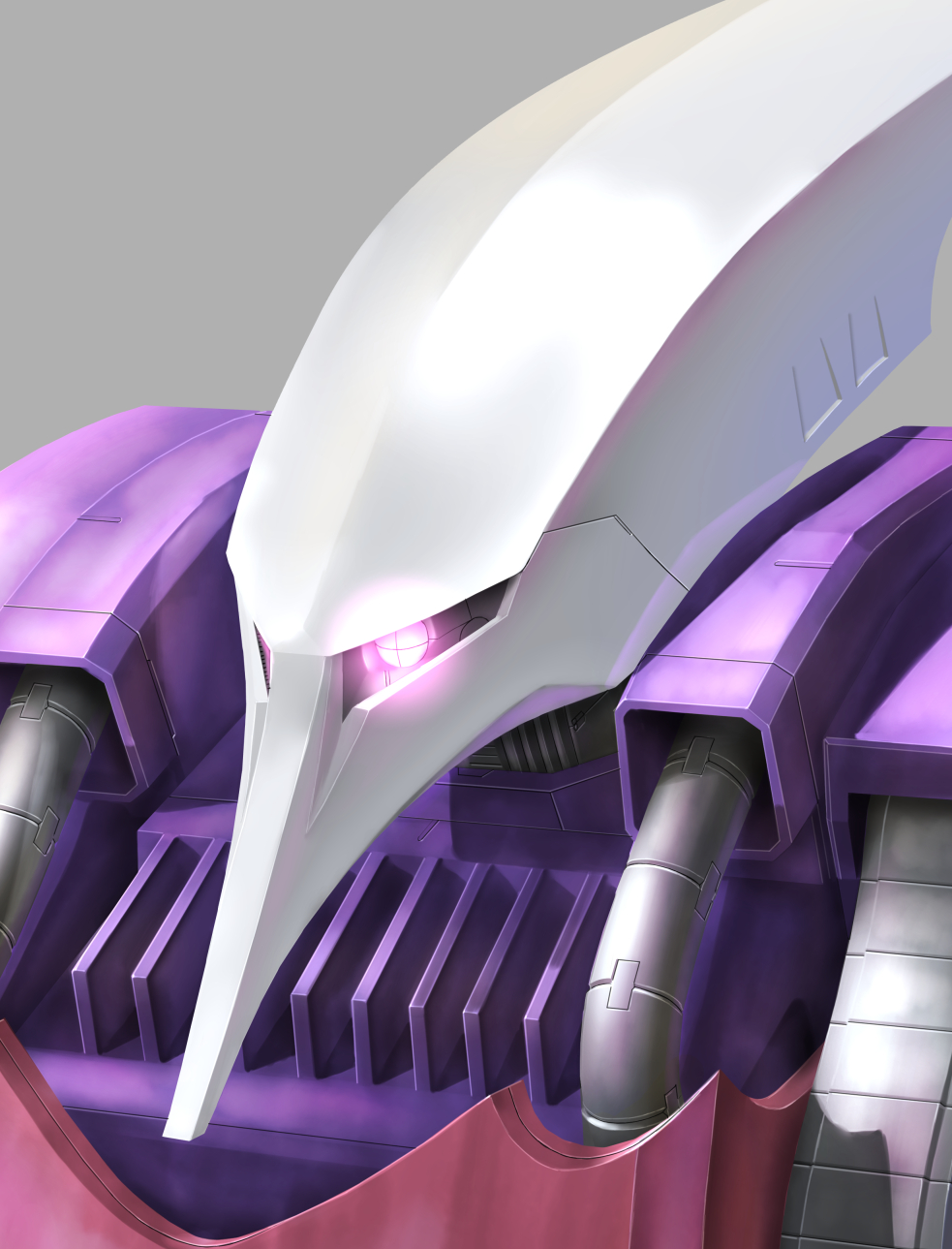 cable commentary_request glowing glowing_eye grey_background gundam highres machinery mecha mecha_focus mobile_suit neo_zeon one-eyed pink_eyes portrait qubeley raybar robot science_fiction solo upper_body zeta_gundam