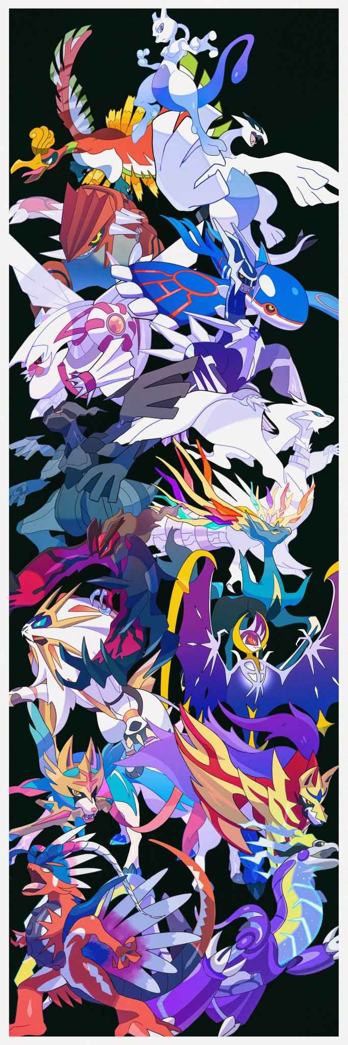 antlers bat_(animal) bird black_sclera blue_eyes blue_gemstone blue_sclera colored_sclera crown deer dialga dragon everyone facing_away feathers gem gen_1_pokemon gen_2_pokemon gen_3_pokemon gen_4_pokemon gen_5_pokemon gen_6_pokemon gen_7_pokemon gen_8_pokemon groudon highres ho-oh holding holding_sword holding_weapon horns koraidon kyogre legendary_pokemon lion lugia lunala mewtwo miraidon mouth_hold nintendo no_humans open_mouth opposing_sides palkia pokemon pokemon_(creature) pokemon_focus red_eyes red_gemstone reshiram saiku_(zvlku) solgaleo spikes sword tail weapon wolf xerneas yellow_eyes yveltal zacian zamazenta zekrom