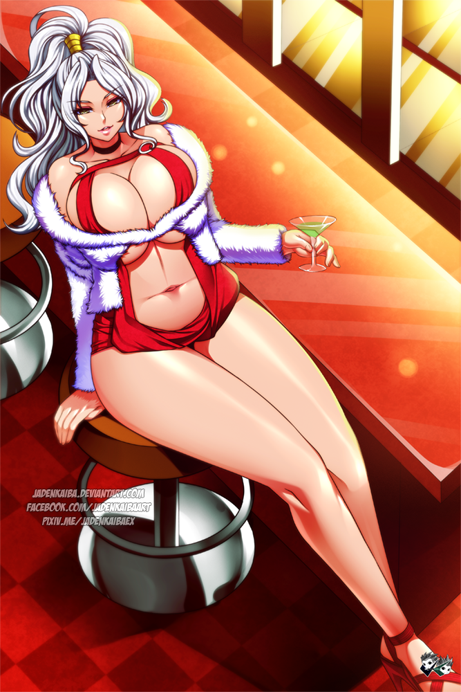 1girl bar_(place) breasts choker cleavage deviantart_username dress facebook_username female_focus gensou_suikoden glass high_heels huge_breasts jadenkaiba jeane_(suikoden) long_hair midriff navel pixiv_username red_dress red_footwear revealing_clothes sitting smile solo underboob watermark web_address white_hair yellow_eyes