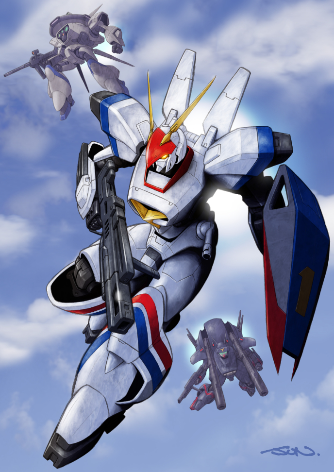 1980s_(style) aircraft assault_visor cannon cloud d-1 d-2 d-3 flying gun holding holding_gun holding_weapon kikou_senki_dragonar looking_ahead machinery mecha mecha_focus military_vehicle monochrome nakamura_jun&#039;ichi no_humans oldschool retro_artstyle rifle robot science_fiction shield weapon wings yellow_eyes