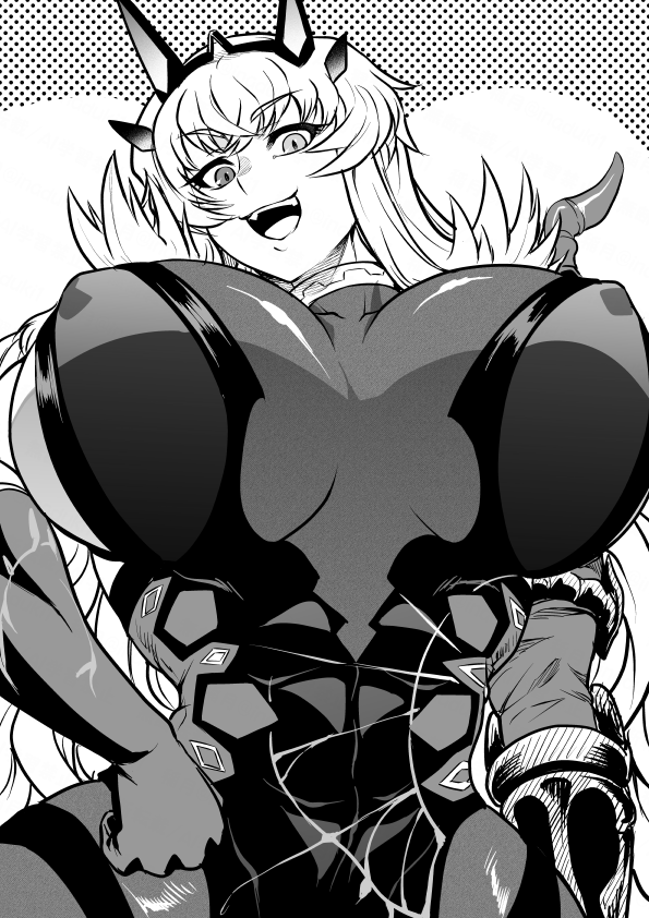 1girl abs barghest_(fate) barghest_(second_ascension)_(fate) biceps breasts covered_erect_nipples dress faerie_knights_(fate) fate/grand_order fate_(series) gauntlets gloves heterochromia honookoma huge_breasts long_hair looking_at_viewer looking_down monochrome muscular muscular_female pelvic_curtain single_gauntlet smile