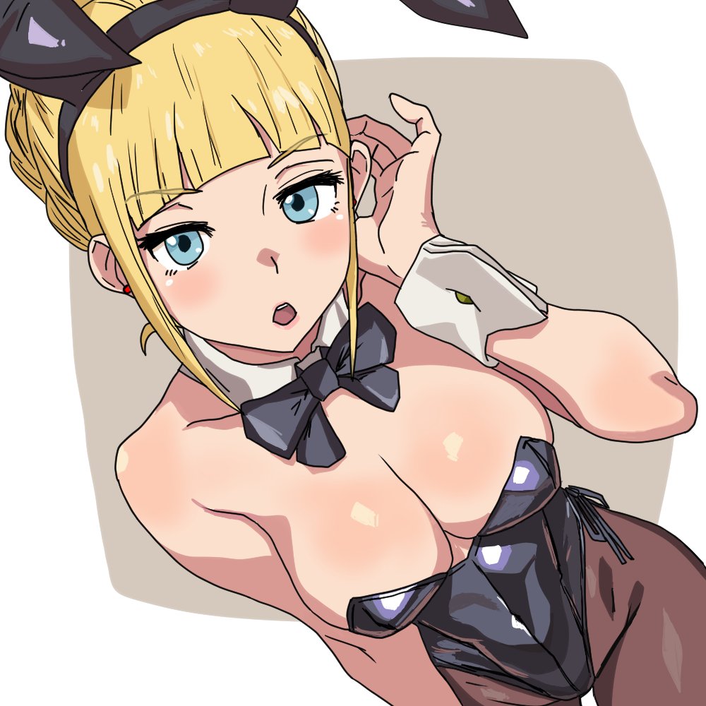1girl animal_ear_hairband animal_ears black_bow black_bowtie black_leotard black_pantyhose blonde_hair blue_eyes bow bowtie braid braided_bun breasts cecilia_irene cleavage covered_navel detached_collar fake_animal_ears from_above gundam gundam_gquuuuuux hair_bun hairband highleg highleg_leotard large_breasts leotard looking_at_viewer mobile_suit_gundam pantyhose playboy_bunny rabbit_ears short_hair side-tie_leotard solo strapless strapless_leotard usavivi777 wrist_cuffs