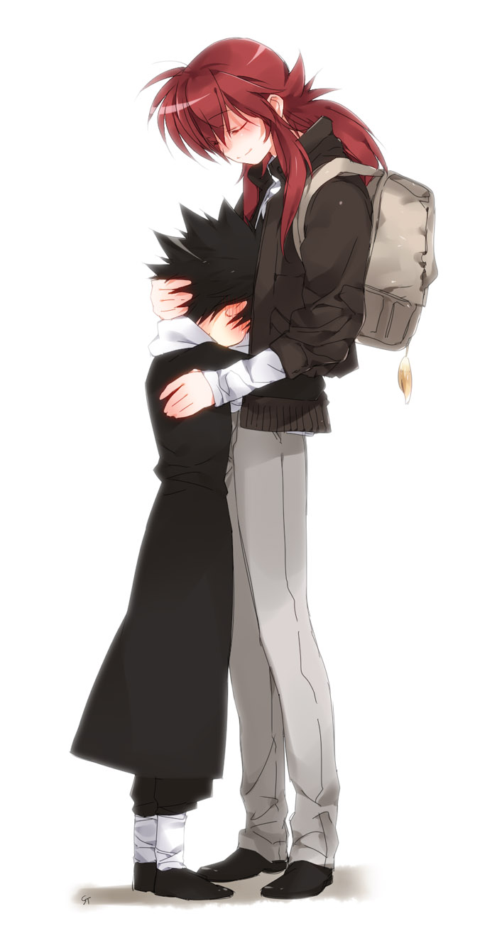 2boys age_difference backpack bag black_hair blush couple hand_on_another&#039;s_head head_rest height_difference hiei highres hug kurama_(yu_yu_hakusho) long_hair male_focus multiple_boys onii-shota ponytail randoseru red_hair short_hair size_difference smile spiked_hair standing toujou_sakana yuu_yuu_hakusho