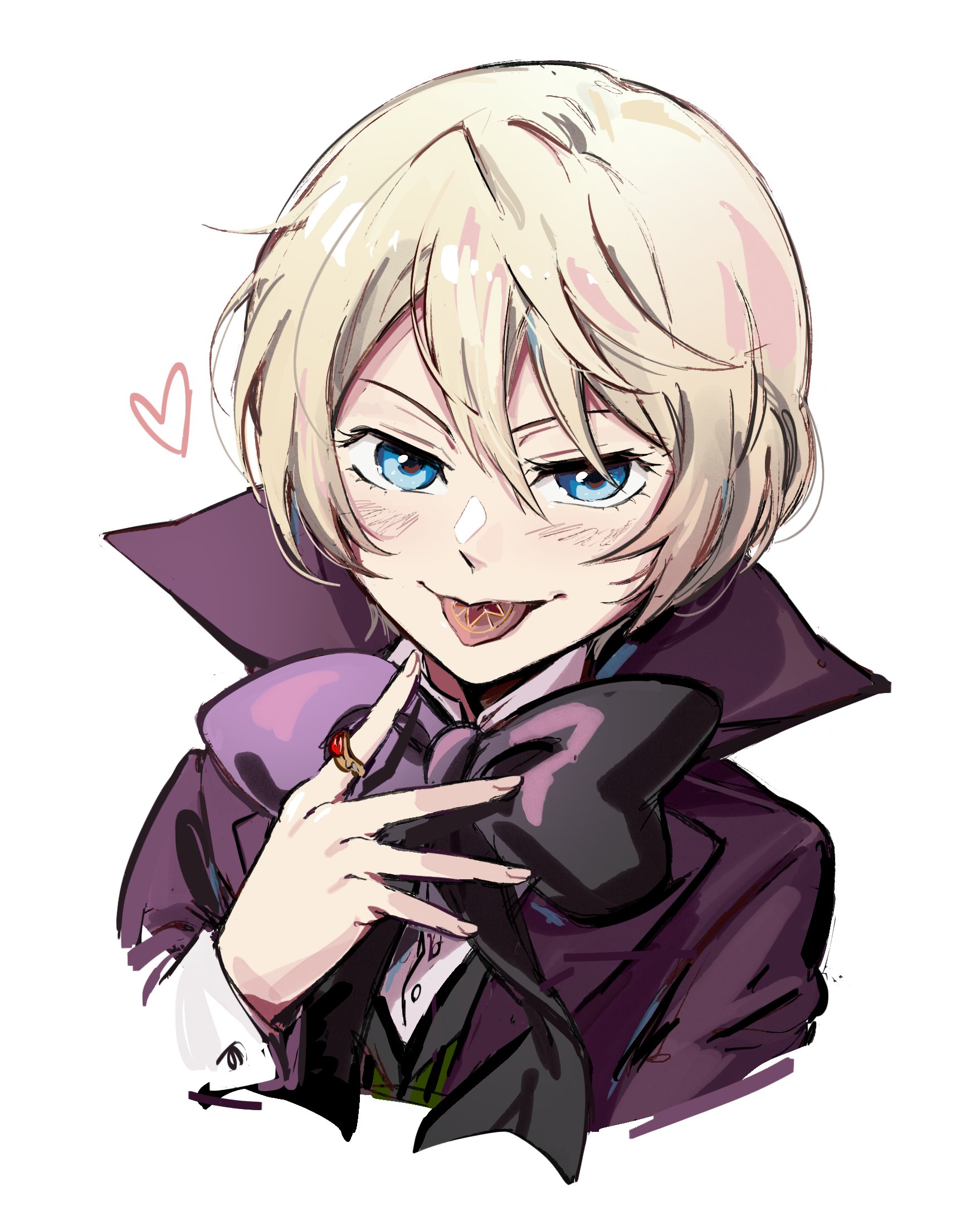 1boy alois_trancy androgynous bishounen black_bow blonde_hair blue_eyes bow buttons cape cropped_torso heart highres jacket jewelry kuroshitsuji light_blush looking_at_viewer male_focus purple_cape purple_jacket ring short_hair simple_background solo tongue tongue_out tongue_tattoo uneasywolf upper_body white_background