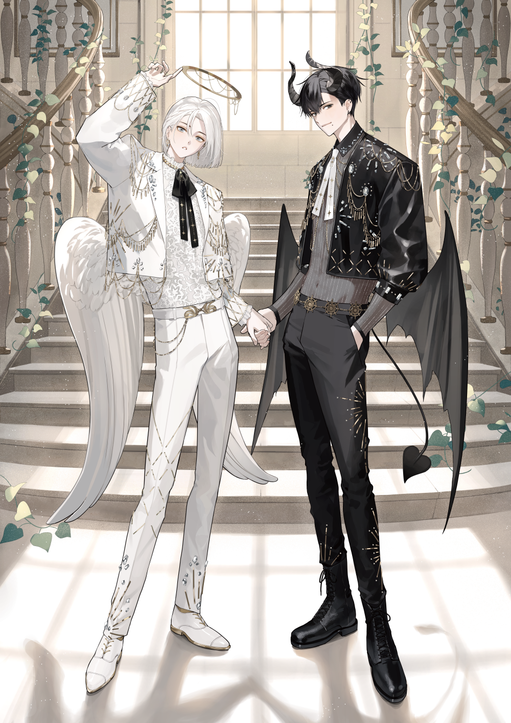 2boys angel_wings black_eyes black_hair black_horns black_jacket black_neckerchief black_pants black_wings demon_horns demon_tail halo hand_grab hand_in_pocket highres horns index_finger_raised jacket looking_at_viewer medium_hair mole mole_under_mouth multiple_boys neckerchief original pants parted_bangs parted_lips short_hair smile stairs tail ugonba_(howatoro) white_eyes white_hair white_jacket white_pants white_wings wings