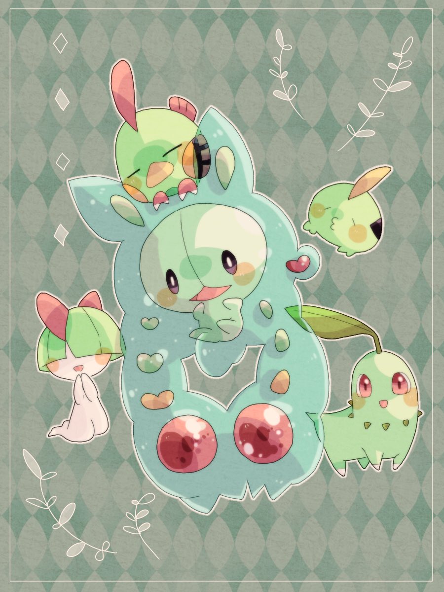 :d animal_focus argyle_background argyle_clothes beak bird border chikorita closed_eyes colored_skin commentary_request floating gen_2_pokemon gen_3_pokemon gen_5_pokemon green_background green_skin gulpin hanabusaoekaki highres leaf natu nintendo no_humans open_mouth pokemon pokemon_(creature) ralts red_eyes reuniclus smile solid_oval_eyes white_border