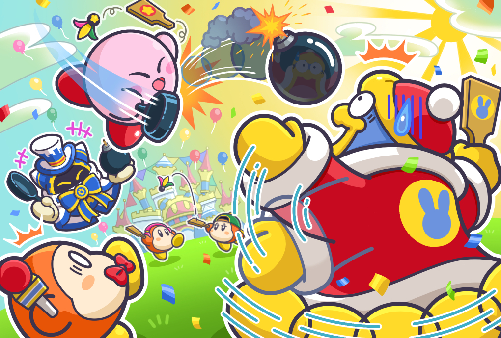 ^^^ artist_request badminton blue_sky blush_stickers bomb channel_ppp closed_eyes cloud commentary_request confetti explosive frying_pan hat king_dedede kirby kirby&#039;s_return_to_dream_land_deluxe kirby_(series) magolor motion_lines new_year nintendo no_humans official_art open_mouth paddle panicking reflection reporter_waddle_dee robe sky smile sun sweatdrop top_hat waddle_dee