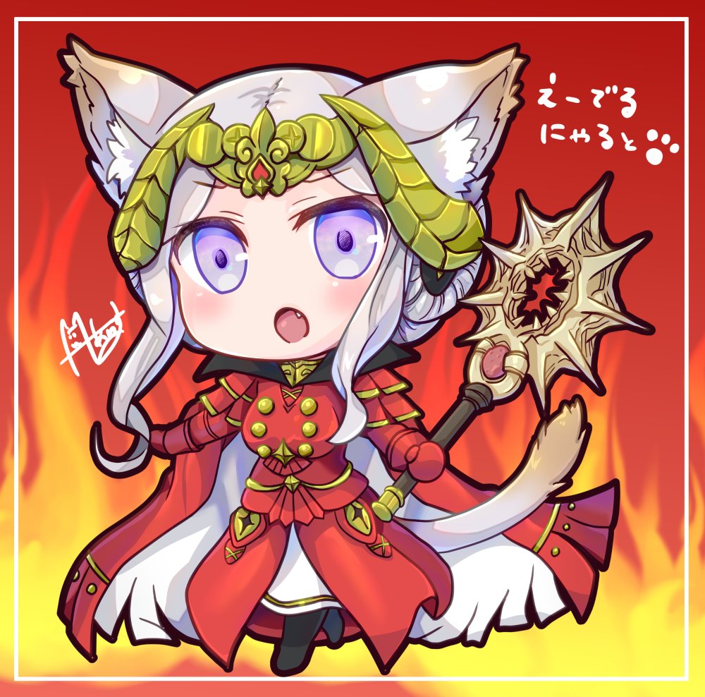 1girl animal_ears axe aymr_(fire_emblem) cape cat_ears chibi edelgard_von_hresvelg edelgard_von_hresvelg_(timeskip) fake_horns fire_emblem fire_emblem:_three_houses hair_ornament holding holding_axe horns nekomikoalice nintendo purple_eyes red_cape sidelocks solo white_hair