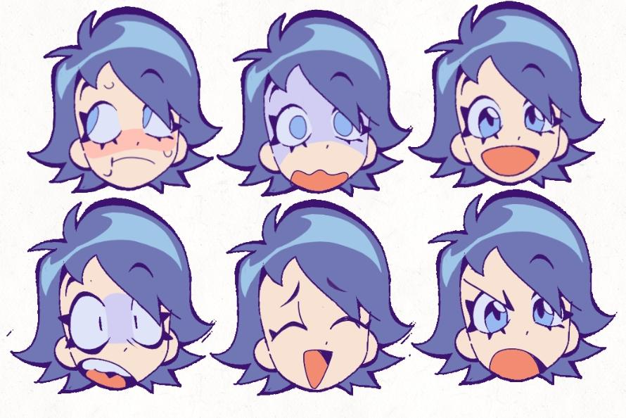 1girl angry annoyed blue_eyes blue_hair blush embarrassed multiple_expressions eyelashes hair_over_one_eye happy head_only hi_hi_puffy_amiyumi open_mouth scared shade shaded_face shading_eyes short_hair solo surprised sweat thick_eyelashes v-shaped_eyebrows yen0028 yumi_yoshimura