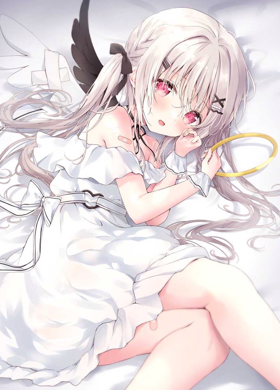 1girl :d amedamacon asymmetrical_wings bandaid bandaid_on_leg bed_sheet black_choker black_wings choker commentary_request crossed_bandaids dress feathered_wings feet_out_of_frame frilled_dress frills grey_hair hair_between_eyes hair_ornament hairclip halo halo_removed hand_up highres knees_together_feet_apart long_hair low_twintails lying mismatched_wings on_side open_mouth original purple_eyes smile solo twintails very_long_hair white_dress white_wings wings wrist_cuffs x_hair_ornament