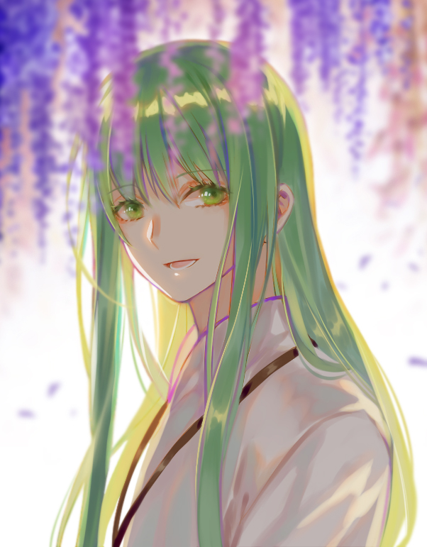 1other androgynous blurry commentary_request depth_of_field enkidu_(fate) falling_petals fate/strange_fake fate_(series) green_eyes green_hair long_hair open_mouth other_focus petals qixiang_seren robe smile solo white_robe