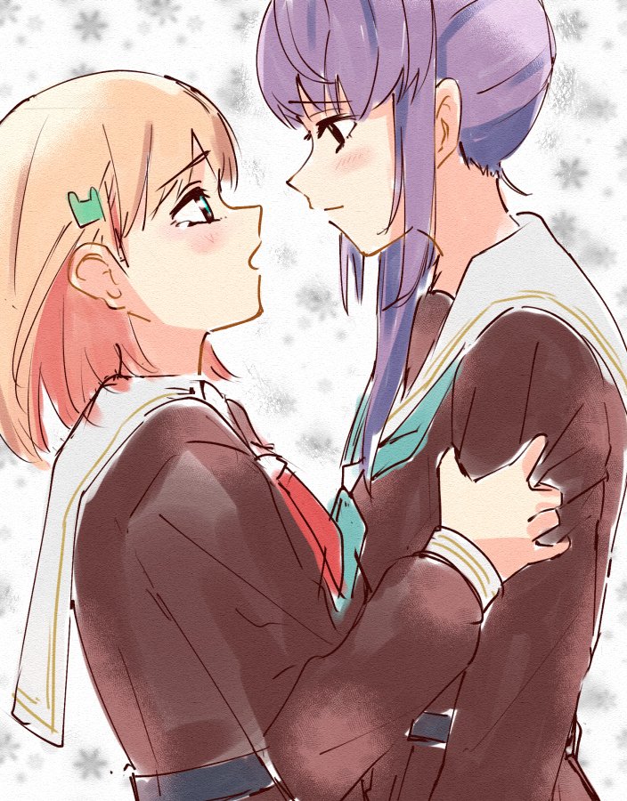 2girls aqua_eyes aqua_neckerchief blush brown_dress cerise_bouquet closed_mouth commentary_request crossed_bangs dress grabbing_another&#039;s_arm hair_bun hair_ornament hasu_no_sora_school_uniform hinoshita_kaho link!_like!_love_live! lone_nape_hair long_hair long_sleeves love_live! medium_hair multiple_girls neckerchief open_mouth orange_hair otomune_kozue profile purple_hair rabbit_hair_ornament red_neckerchief sailor_collar sailor_dress school_uniform side_ponytail sidelocks single_side_bun skt_(ryxxxxx) snowflake_background tearing_up two_side_up upper_body virtual_youtuber white_sailor_collar winter_uniform