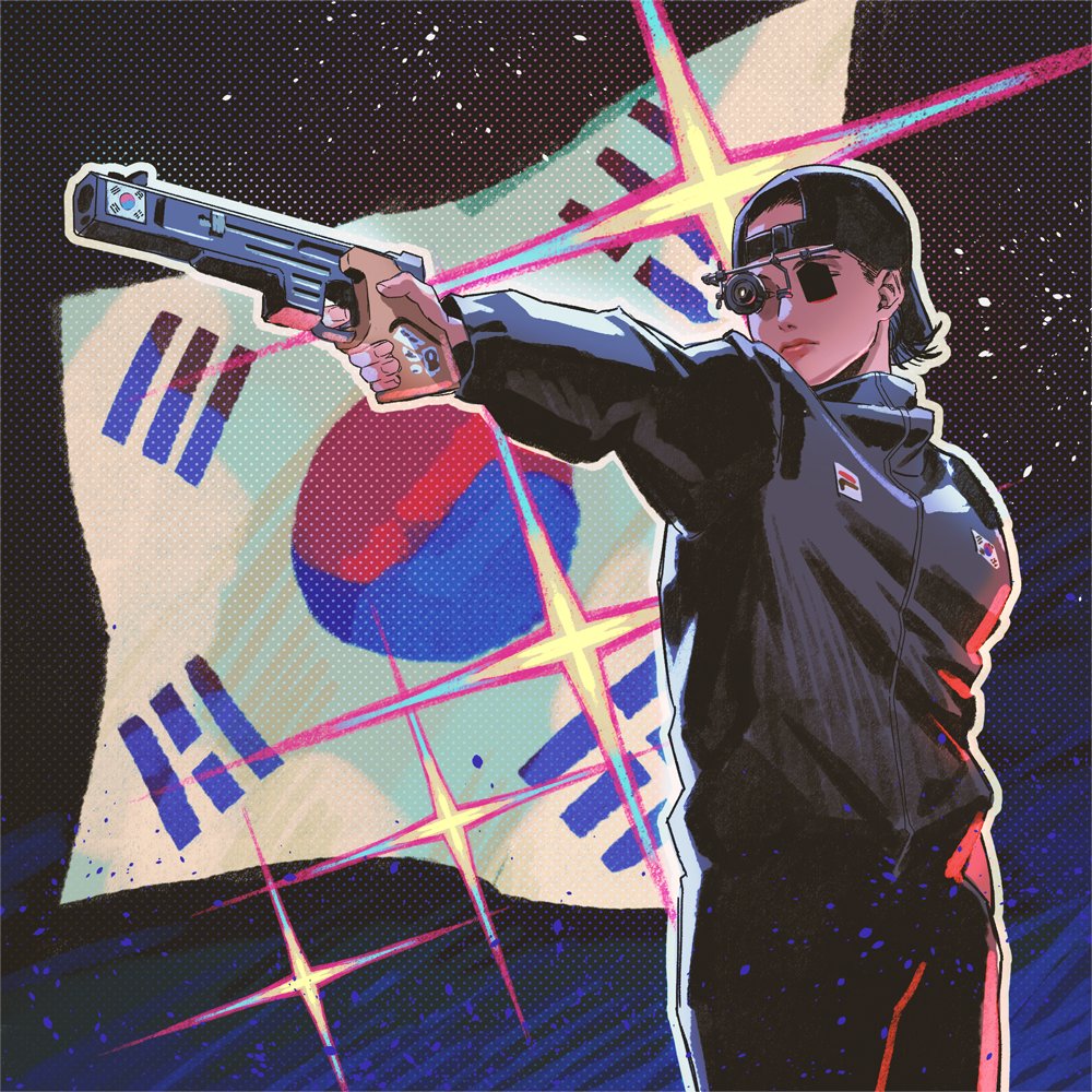 1girl 2024_summer_olympics aiming arm_up backwards_hat baseball_cap black_jacket black_pants covered_eyes cowboy_shot fila fingernails flag_background from_side gun halftone halftone_background hat holding holding_gun holding_weapon homil_21 jacket kim_yeji korean_commentary lips long_sleeves nose olympic_rings olympic_shooting_glasses olympics outline outstretched_arm paint_splatter pants real_life short_hair solo south_korean_flag sparkle weapon