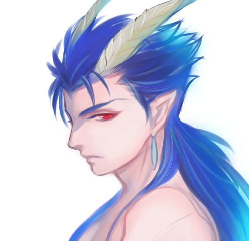 1boy blue_hair cu_chulainn_(fate) cu_chulainn_(fate/stay_night) earrings fate/stay_night fate_(series) feather_hair_ornament feathers hair_ornament jewelry jun_(ash) lowres male_focus ponytail red_eyes solo