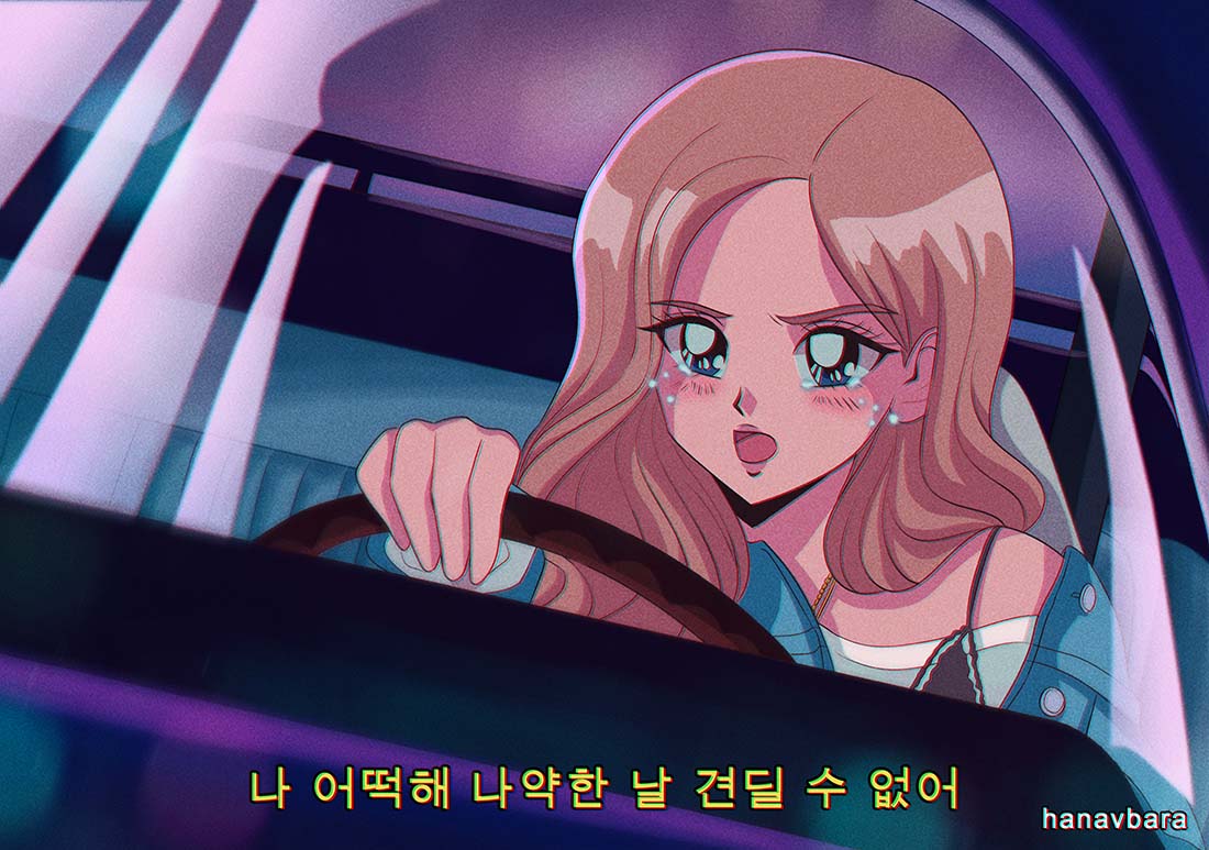 1girl artist_name blackpink blonde_hair blue_eyes blue_jacket blush commentary driving english_commentary hair_behind_ear hanavbara jacket k-pop long_hair lyrics open_mouth real_life rose_(blackpink) solo tears