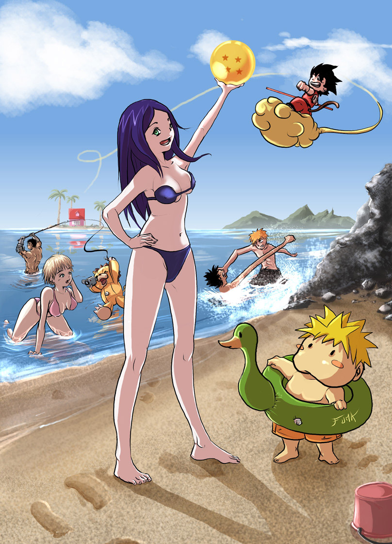 00s 1990s_(style) 2girls 5boys amano_ginji annotated annotation_request artist_request barefoot beach berserk bikini bikini_top_only black_hair bleach blonde_hair blue_eyes blue_hair blush blush_stickers breasts brown_hair camcorder camera character_request cleavage closed_eyes cloud company_connection crossover day dragon_ball dragon_ball_(object) fighting fishing floating flying flying_nimbus getbackers green_eyes guts_(berserk) house ichigo_100_percent innertube island kame_house kon_(bleach) kuga_natsuki kurosaki_ichigo large_breasts long_hair luffie medium_breasts monkey_d._luffy mountain multiple_boys multiple_girls muscular my-hime navel nishino_tsukasa one_piece open_mouth orange_hair outdoors palm_tree retro_artstyle rock rubber ruyi_jingu_bang sand short_hair shounen_jump sky smile son_goku spiked_hair stretching swim_ring swimsuit topless_male tree video_camera water