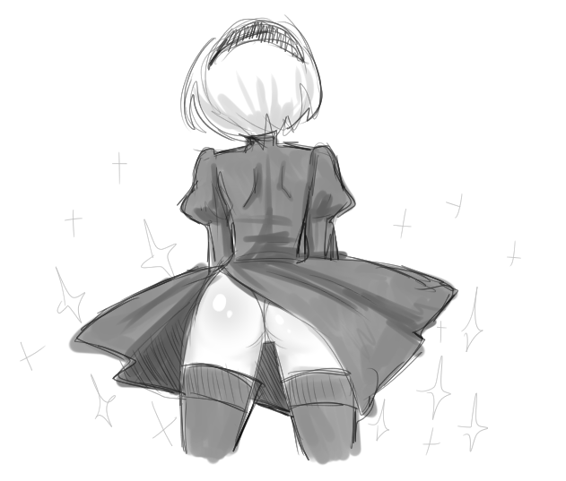 1girl 2b_(nier:automata) ass ass_focus black_boots boots cropped_legs dress from_behind gallaxi greyscale hairband monochrome nier:automata nier_(series) puffy_sleeves short_hair simple_background sketch solo sparkle white_background