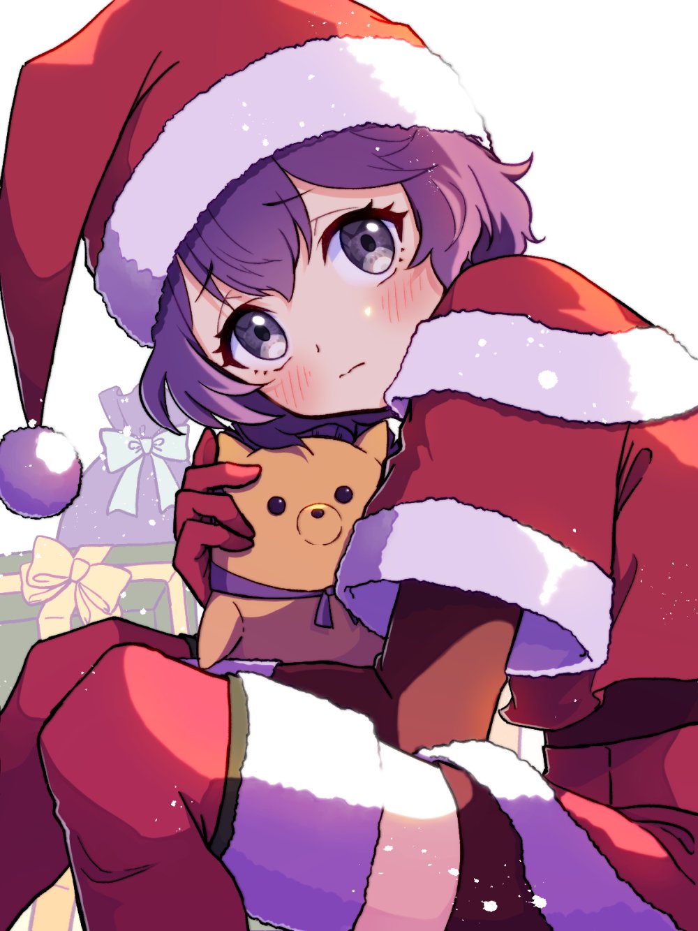 1girl bernadetta_von_varley bernadetta_von_varley_(winter) christmas christmas_present dress fire_emblem fire_emblem:_three_houses fire_emblem_heroes gift gogatsu_(yeaholiday) hat highres nintendo official_alternate_costume purple_eyes purple_hair red_dress santa_costume santa_hat solo stuffed_animal stuffed_toy