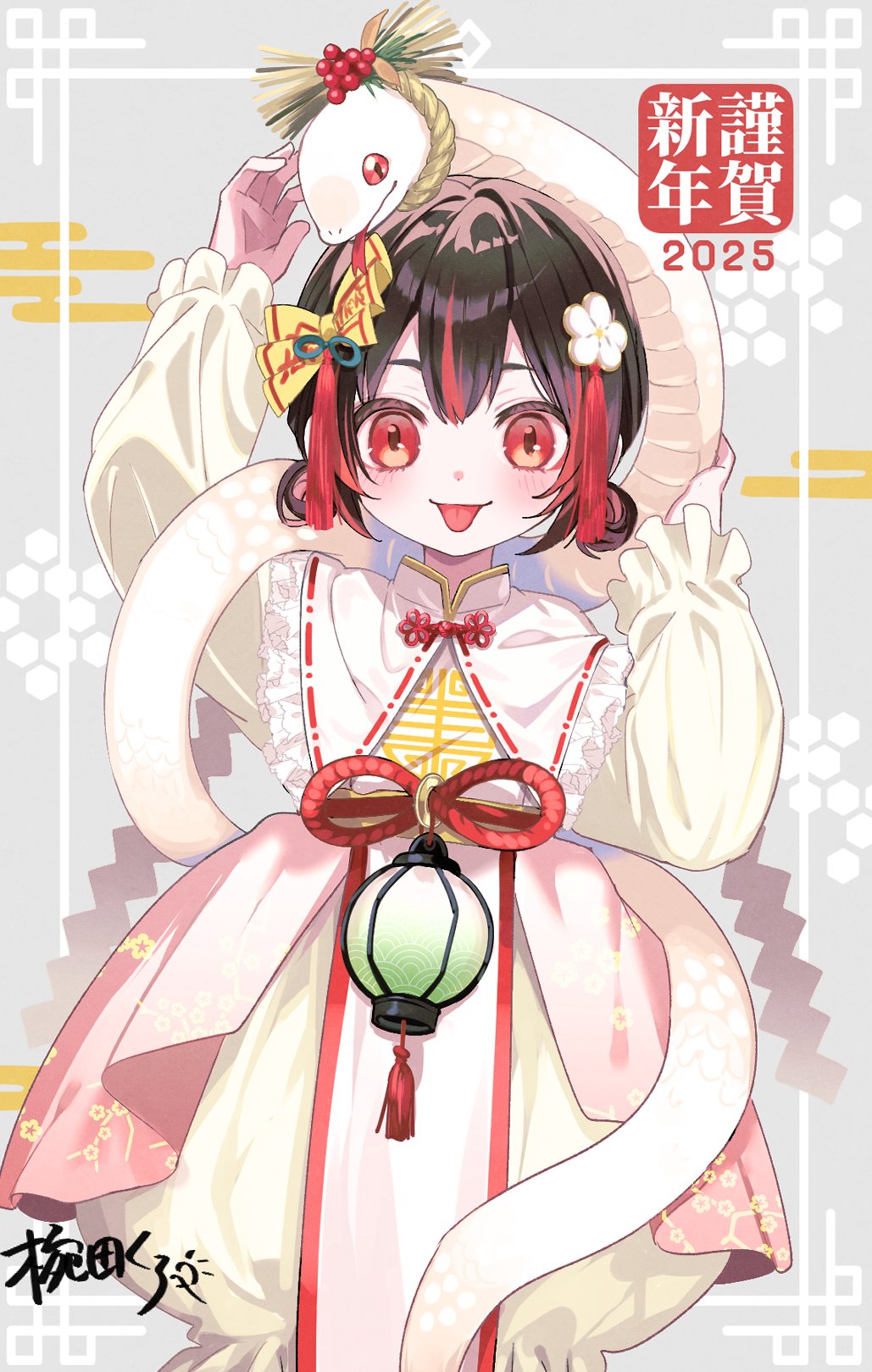 1girl 2025 arm_up artist_name berry black_eyes black_hair capelet chinese_clothes closed_mouth clothes_writing colored_sclera commentary double_bun dress floral_print flower forked_tongue frilled_sleeves frills hair_bun hair_flower hair_ornament hand_up happy_new_year highres jiangshi kuroda_(kuro_yyy) lantern looking_at_viewer mandarin_collar multicolored_hair new_year ofuda original paper_lantern print_dress puffy_dress red_eyes red_sclera red_streaks short_hair signature smile snake solo streaked_hair tassel tassel_hair_ornament tongue tongue_out white_capelet white_dress white_flower white_snake
