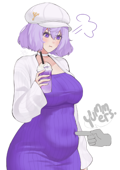 1girl 1other :t alternate_costume aroevela breasts closed_mouth commentary food hat holding holding_food lapel_pin large_breasts letty_whiterock meme plump poking_belly puff_of_air purple_eyes purple_hair short_hair simple_background solo_focus touhou white_background white_hat yummers_(meme)