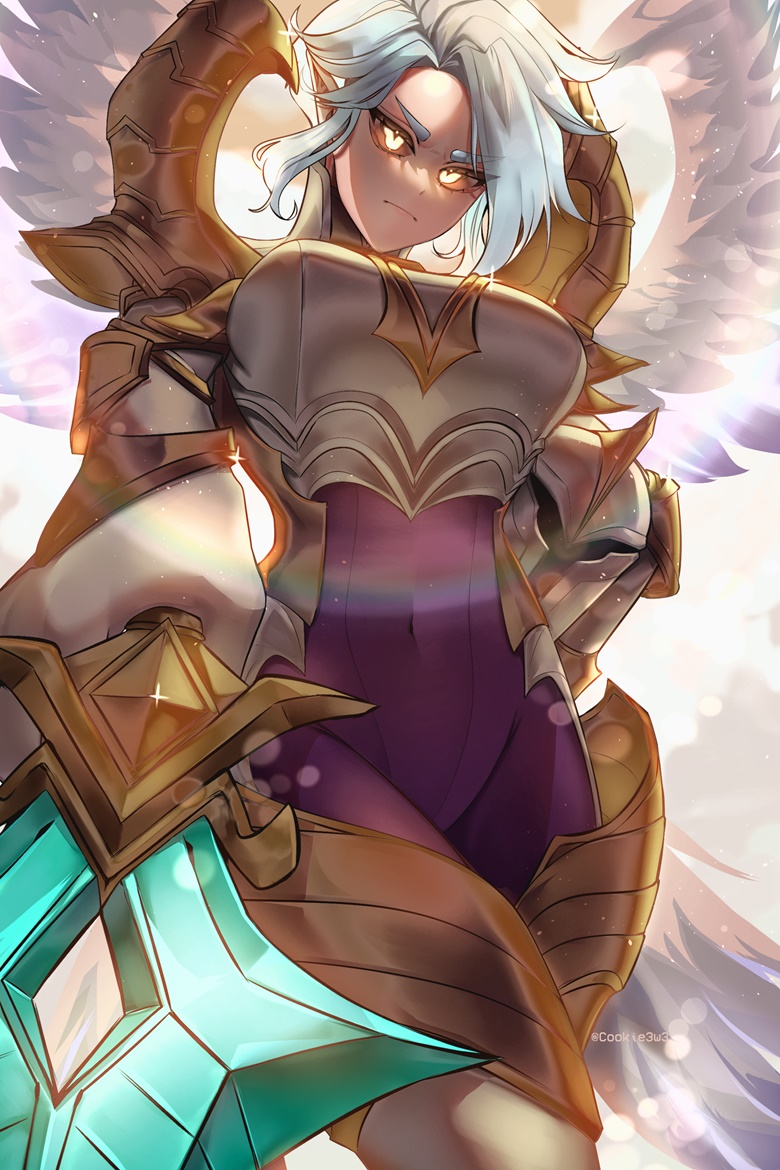 bodysuit cookie3w3 kayle_(league_of_legends) non-web_source white_hair yellow_eyes