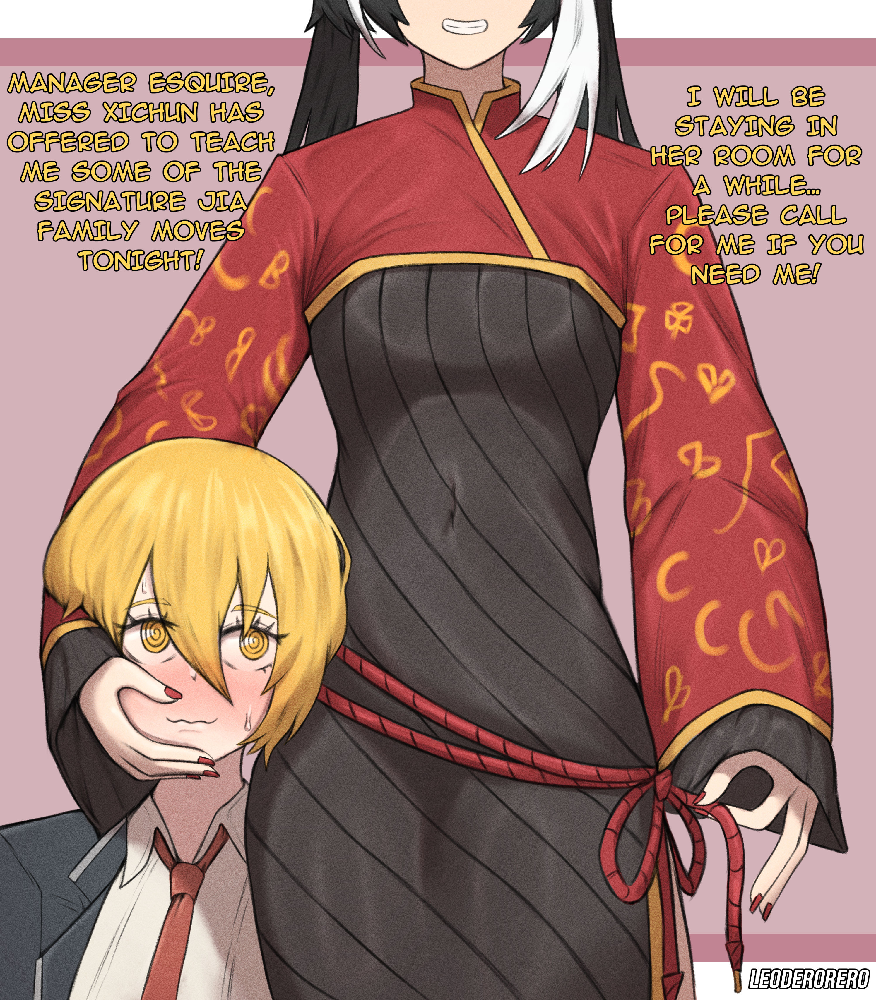 2girls @_@ absurdres black_dress black_hair blonde_hair blush breasts chinese_clothes coat collared_shirt commentary covered_navel don_quixote_(project_moon) dress english_commentary frilled_sleeves frills grin hand_on_another's_cheek hand_on_another's_face highres jacket jia_xichun_(project_moon) leoderorero limbus_company long_hair long_sleeves multicolored_hair multiple_girls necktie pink_background project_moon red_nails red_necktie red_shrug red_sleeves rope_belt shirt short_hair side_slit simple_background smile streaked_hair sweat teeth twintails white_background white_shirt white_streaks yellow_eyes yuri