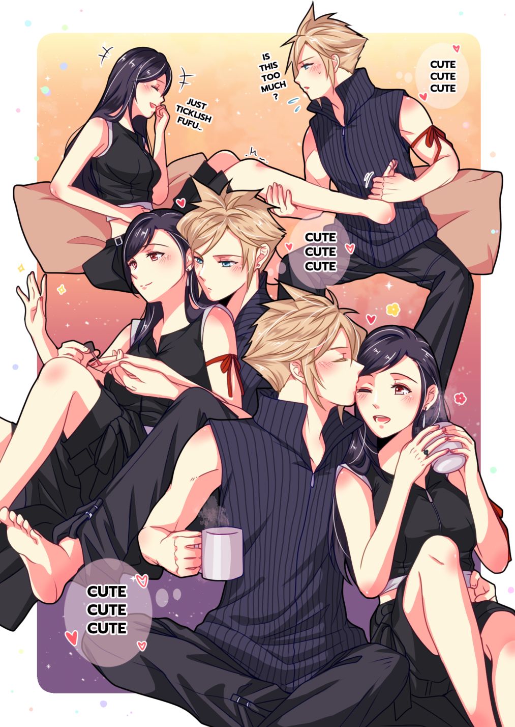 1boy 1girl applying_manicure arm_ribbon babigonice bare_legs bare_shoulders black_hair black_pants black_shorts black_vest blonde_hair blue_eyes blush border breasts closed_eyes cloud_strife coffee_mug commentary couple crop_top cup english_text facing_another final_fantasy final_fantasy_vii final_fantasy_vii_advent_children flying_sweatdrops foot_massage from_side hand_on_another&#039;s_foot hand_on_another&#039;s_hip hand_on_another&#039;s_leg heart highres holding holding_another&#039;s_foot holding_cup indian_style invisible_chair jewelry kiss kissing_forehead long_hair looking_at_another medium_breasts mug multiple_views nail_polish on_lap one_eye_closed open_mouth outside_border painting_nails pants pillow popped_collar red_eyes red_ribbon ribbed_shirt ribbon ring shirt shorts sitting sleeveless sleeveless_shirt speech_bubble spiked_hair symbol-only_commentary tank_top tifa_lockhart vest white_border white_tank_top