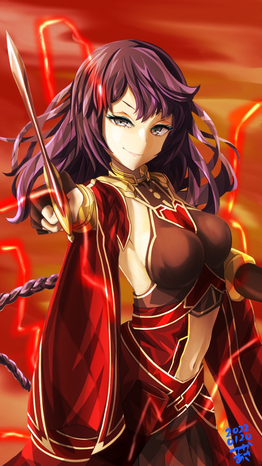 1girl black_dress black_gloves braid breasts closed_mouth commentary_request dated detached_sleeves dress fate_(series) fingerless_gloves gloves gold_trim grey_eyes hephaestion_(fate) highres holding holding_sword holding_weapon large_breasts linea_alba long_hair looking_at_viewer lord_el-melloi_ii_case_files navel orange_background purple_hair red_dress red_sleeves sideboob smile solo sword tsukaasa two-tone_dress v-shaped_eyebrows very_long_hair weapon