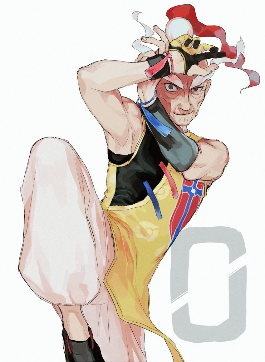 1boy brown_eyes commentary_request floating_hair grey_hair leg_up long_eyebrows looking_at_viewer male_focus mustard_(pokemon) nintendo old old_man p-40_(tukinosita-de) pants poke_ball_print pokemon pokemon_swsh shoes smile solo wristband