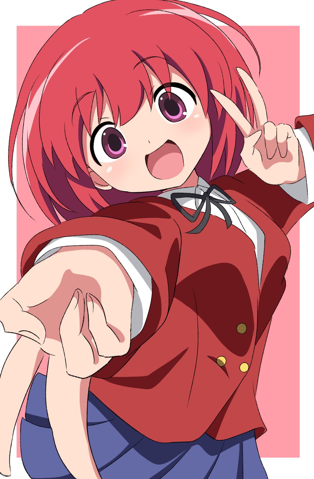 1girl blazer blue_skirt border collared_shirt commentary cowboy_shot double_v dress_shirt gyaru_v highres jacket kushieda_minori oohashi_high_school_uniform pink_background pleated_skirt purple_eyes red_hair red_jacket school_uniform shirt short_hair silky_(silky_illust) skirt solo toradora! two-tone_background v white_border white_shirt