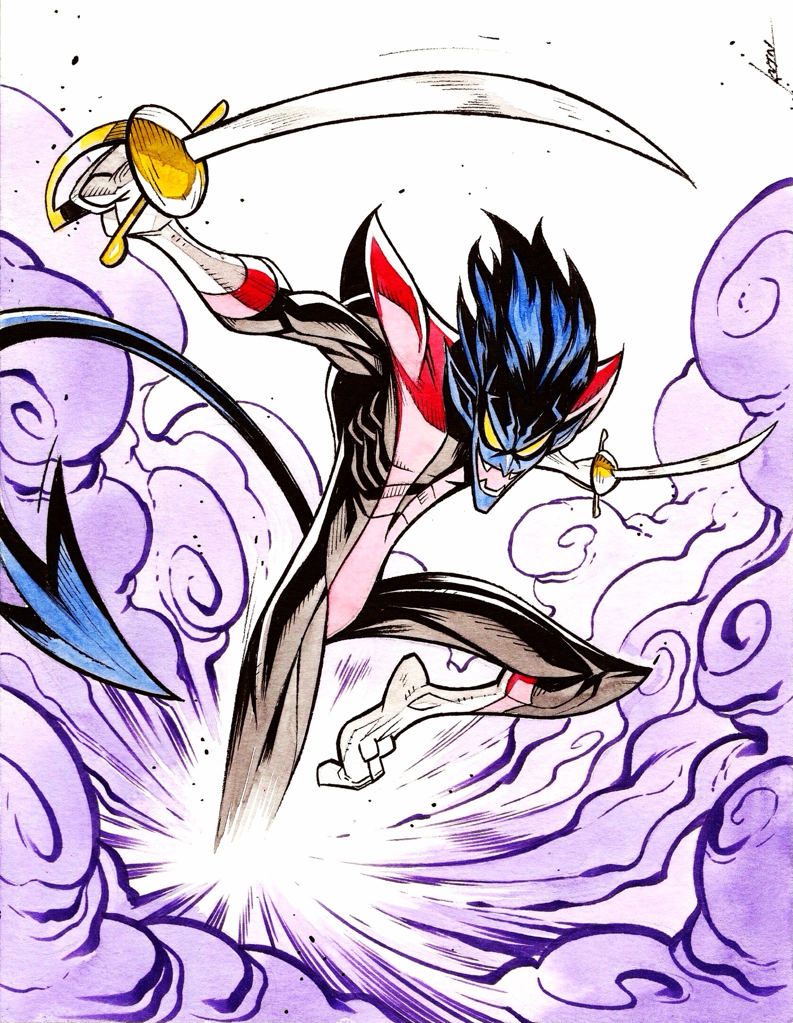1boy black_bodysuit blue_hair bodysuit cutlass demon_boy demon_tail dual_wielding gloves highres holding holding_sword holding_weapon kevin_shah kurt_wagner looking_at_viewer marvel nightcrawler open_mouth simple_background smoke solid_eyes solo sword tail weapon white_background white_gloves x-men yellow_eyes