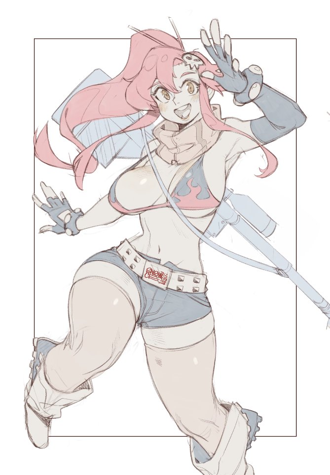 1girl belt bikini bikini_top_only black_gloves black_shorts boots breasts brown_eyes commentary elbow_gloves fingerless_gloves flame_print floating_hair gloves groin gun hair_ornament looking_at_viewer medium_breasts muted_color navel open_hands red_hair rifle scope short_shorts shorts sidelocks skull_hair_ornament sniper_rifle snowcie solo swimsuit symbol-only_commentary tengen_toppa_gurren_lagann weapon weapon_on_back white_background white_belt white_boots yoko_littner