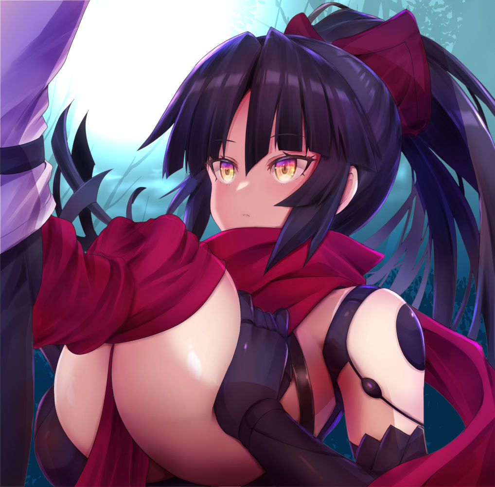 1boy 1girl android asahi_(fullmetal_madness) black_hair black_pants breasts breasts_out breasts_squeezed_together chaldea_uniform fate/grand_order fate_(series) fujimaru_ritsuka_(male) hetero joints katou_danzou_(fate) large_breasts long_hair paizuri paizuri_under_clothes pants parted_bangs ponytail red_scarf robot_joints scarf shirt sidelocks white_shirt yellow_eyes