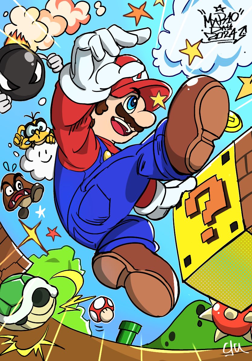 1boy ?_block agua_mp brick_block brown_hair bullet_bill bush coin day dust facial_hair gloves gold_coin goomba green_shell_(mario) grin hat jumping koopa_shell lakitu mario mario_(series) mountain mustache nintendo overalls smile smoke spiny_egg super_mario_bros._1 super_mushroom super_star_(mario) warp_pipe
