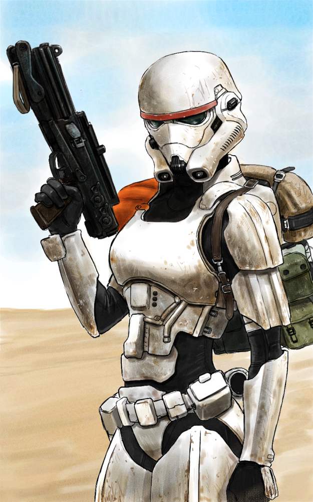 1girl armor backpack bag black_gloves breastplate clenched_hand galactic_empire_(star_wars) gloves gun head_tilt helmet holding holding_gun holding_weapon izo_(bjc000510) looking_down solo star_wars stormtrooper weapon