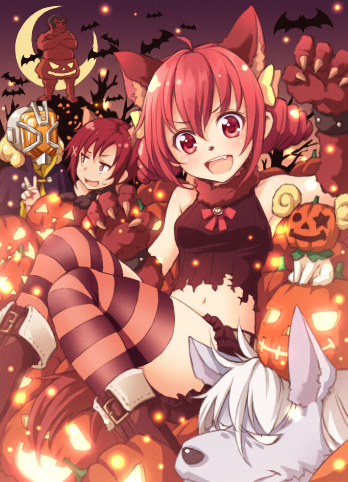 2girls :d akaooni animal_ears bat_(animal) blush boots bow candy_(smile_precure!) cat_ears claws cosplay crescent_moon hino_akane_(smile_precure!) hoshizora_miyuki jack-o&#039;-lantern kamen_rider kamen_rider_wizard kamen_rider_wizard_(cosplay) kamen_rider_wizard_(series) kise_yayoi looking_at_viewer mask moon multiple_girls open_mouth pink_bow precure pumpkin red_hair sitting smile smile_precure! star_(symbol) striped_clothes striped_legwear striped_thighhighs thighhighs tokunou_shoutarou v wolfrun