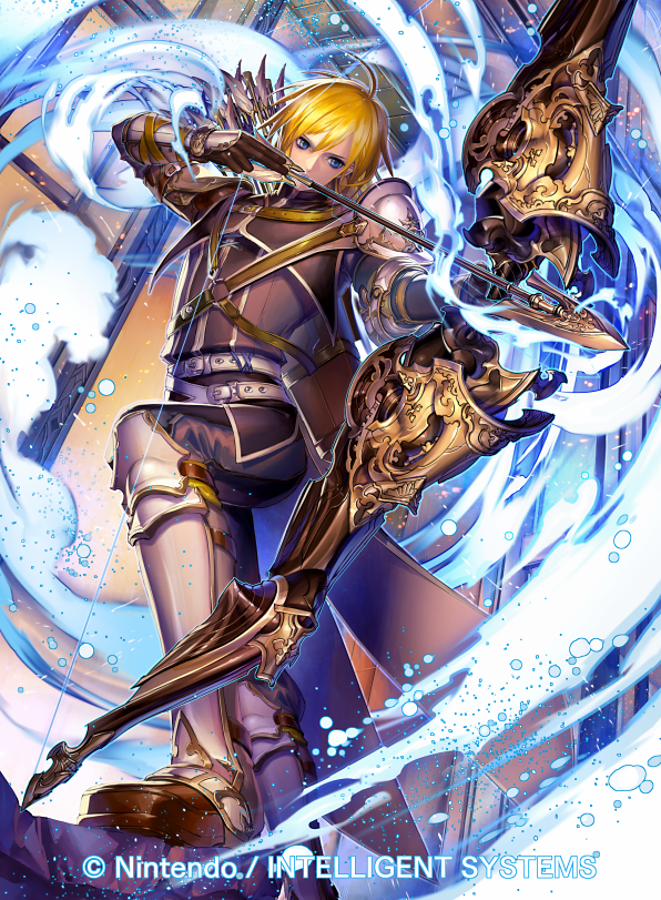 1boy arrow_(projectile) blonde_hair blue_eyes boots bow_(weapon) company_name drawing_bow fire_emblem fire_emblem:_radiant_dawn fire_emblem_cipher gloves holding_bow_(weapon) leonardo_(fire_emblem) male_focus nintendo official_art setsu_albatross solo weapon