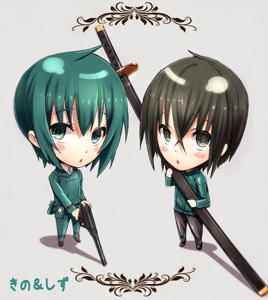 00s 1boy 1girl belt black_eyes black_hair chibi coat gabiran green_eyes green_hair gun handgun kino_(kino_no_tabi) kino_no_tabi reverse_trap revolver shizu_(kino_no_tabi) short_hair sword weapon