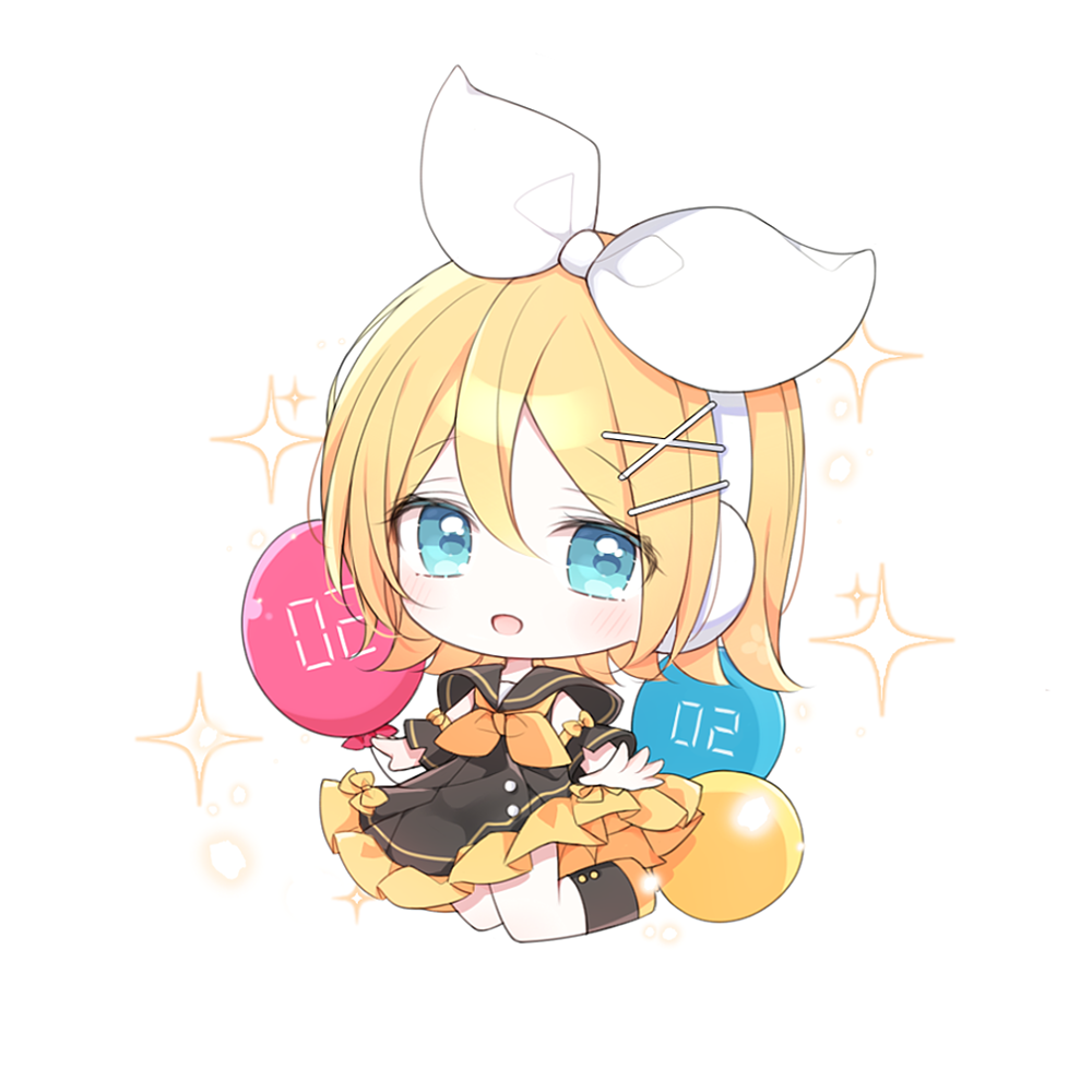 1girl :d balloon black_boots black_dress black_sailor_collar blonde_hair blue_eyes blush boots chibi dress female_focus frilled_dress frills hair_between_eyes hair_ornament hair_ribbon hairclip headphones kagamine_rin knee_boots looking_at_viewer mattang open_mouth ribbon sailor_collar sailor_dress simple_background sleeveless sleeveless_dress smile solo sour_model_(mikumikudance) sparkle vocaloid white_background white_ribbon wrist_cuffs x_hair_ornament