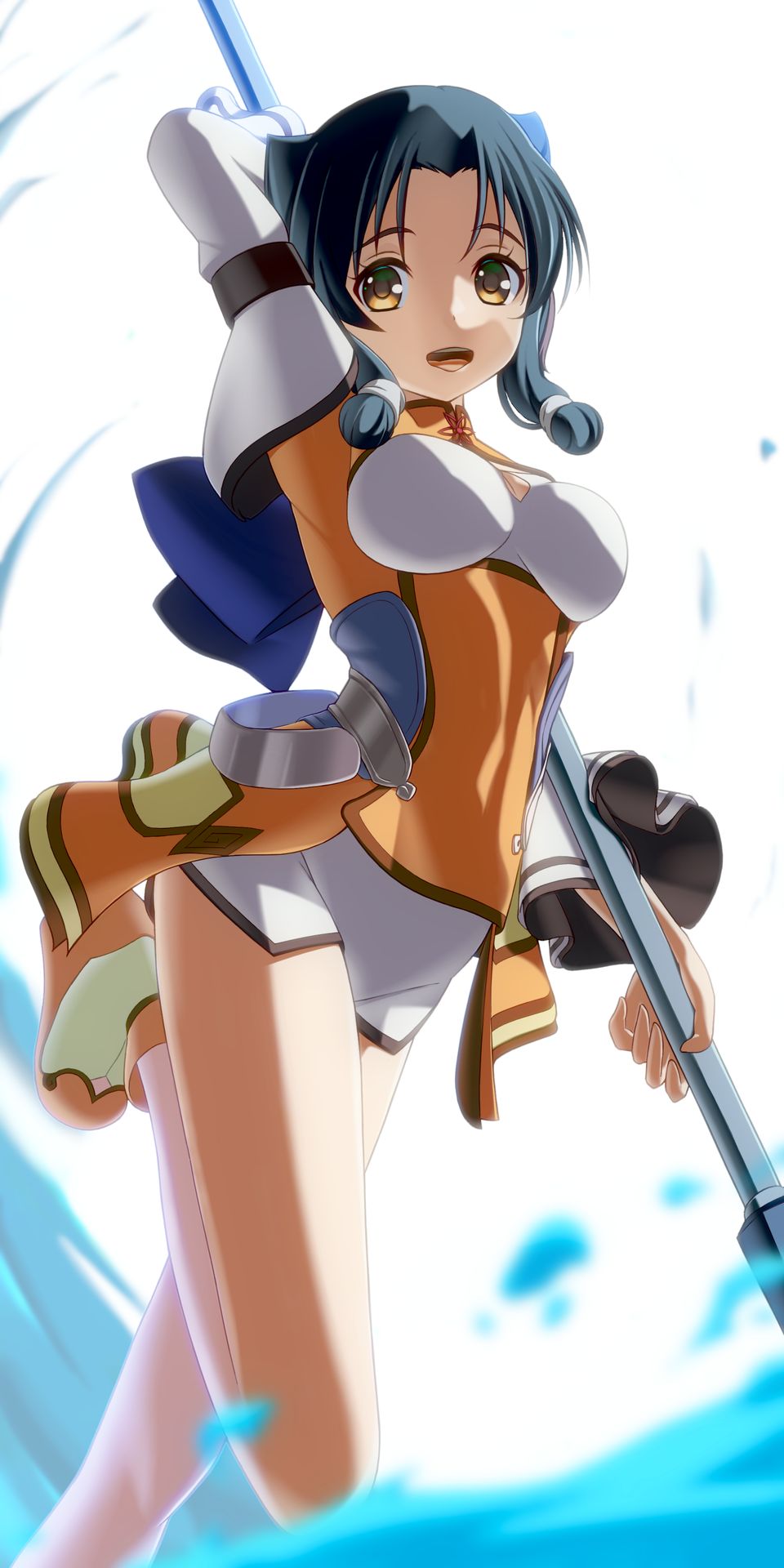 ainu_clothes aquaplus arm_up atuy blue_hair boots breasts cleavage cleavage_cutout clothing_cutout dress full_body gradient_eyes highres holding holding_polearm holding_spear holding_weapon large_breasts leg_up long_image long_sleeves multicolored_eyes netallow netarou_(shinra) open_mouth orange_eyes parted_bangs polearm shaded_face short_hair_with_long_locks short_shorts shorts sidelocks spear splashing tall_image teeth thighs toned toned_female toned_stomach tongue utawarerumono utawarerumono:_itsuwari_no_kamen water water_drop weapon wide_sleeves
